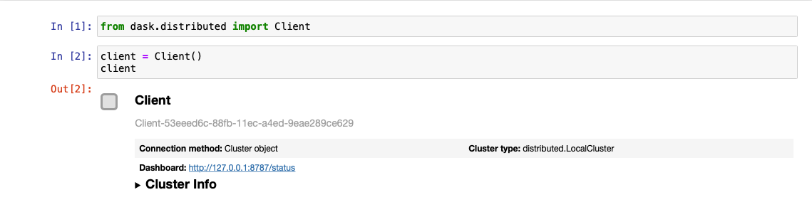 Client html repr displaying the dashboard link in a JupyterLab session.