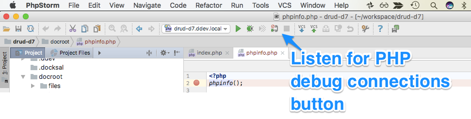 Start listening for debug connections button