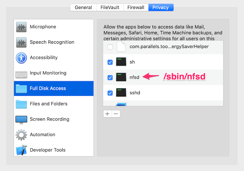 Enabling full disk access for nfsd