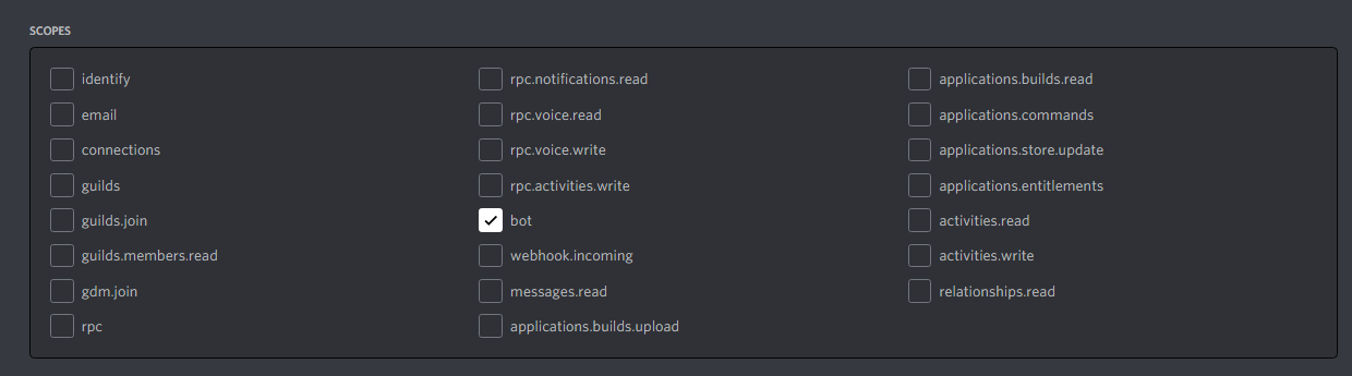 The scopes checkbox with "bot" ticked.