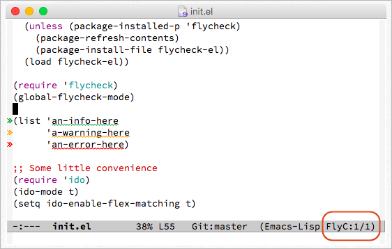 Flycheck showing info, warning and error annotations