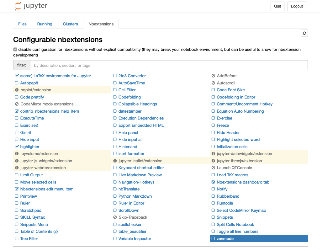 Configuration of the notebook extensions