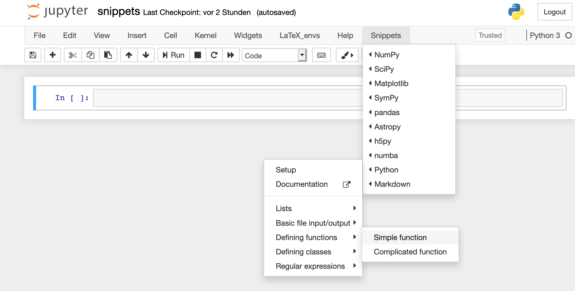 Snippets menu