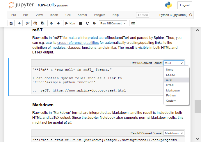 Steps for converting cells to Raw formats in Jupyter Notebook