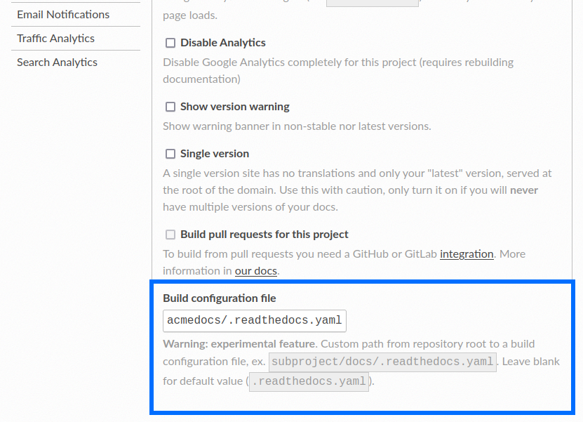 Screenshot of where to find the :guilabel:`Build configuration file` setting.