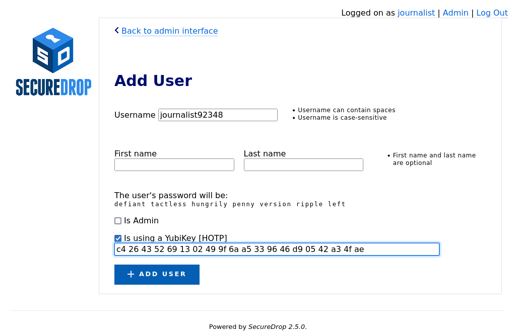 The form used to create new users, filled with the 40-character HOTP secret key of a Yubikey.