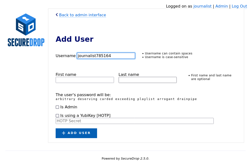 The form used to create new users displays a pre-generated Diceware passphrase.