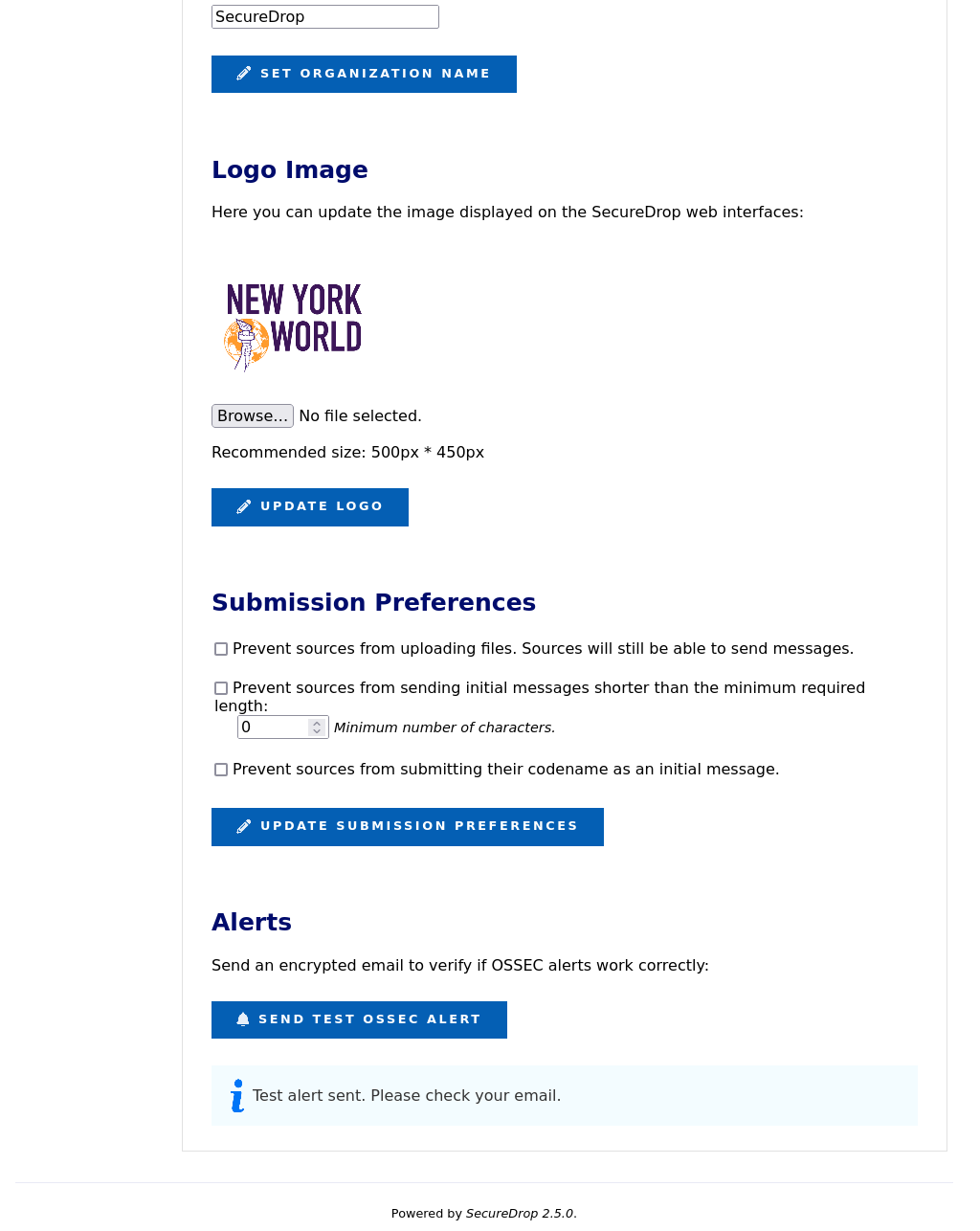 The Instance Configuration form displays 'Test alert sent' after a test OSSEC alert was sent successfully.