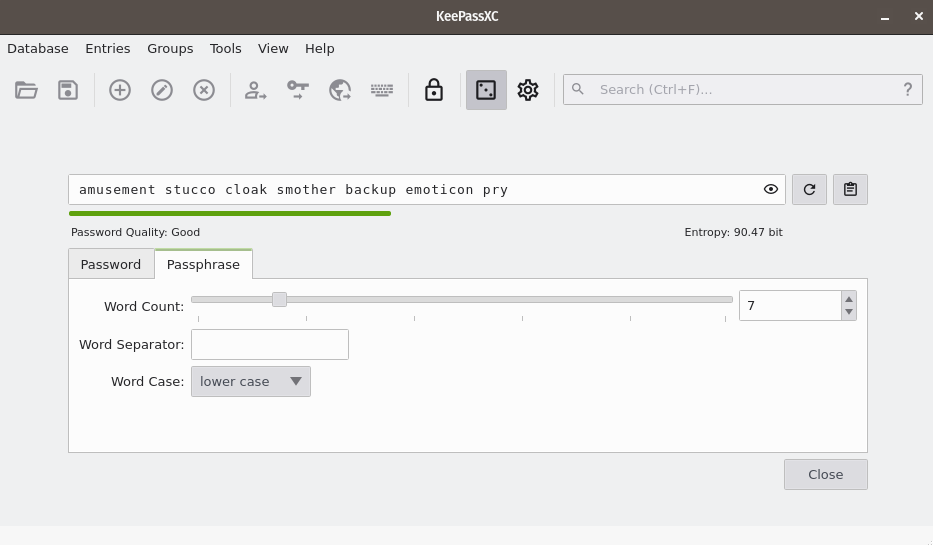 screenshot of KeePassXC passphrase generation feature, showing a randomly generated 7-word passphrase
