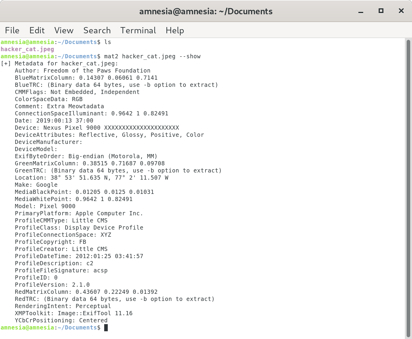 Terminal application displaying the metadata of a file.