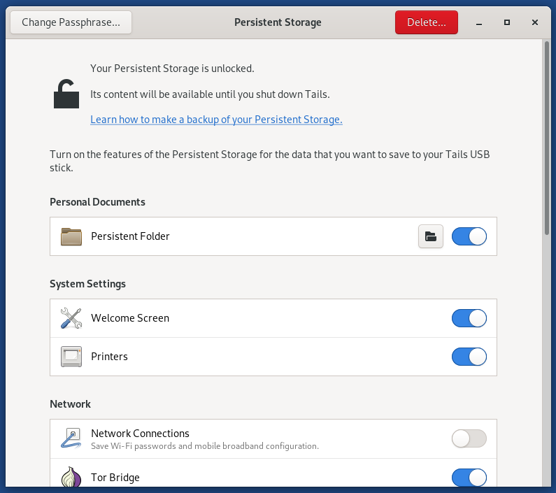 The Persistent Storage app in Tails 5.8 and later, displaying settings for which persistent storage features should be enabled