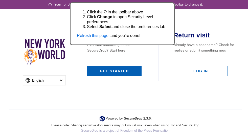 Example home page displaying instructions to increase Tor Browser's Security Level.