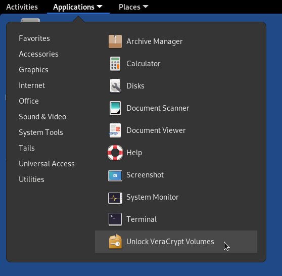 The Applications menu on the Tails desktop. The 'Unlock VeraCrypt Volumes' entry is selected.