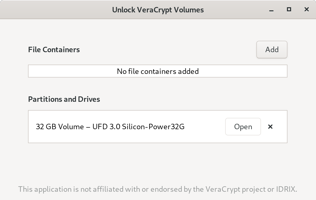 Dialog box called 'Unlock VeraCrypt Volumes'. It displays an 'Open' button next to a drive name.