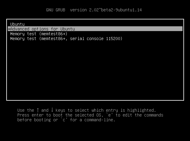 GRUB with advanced options selected