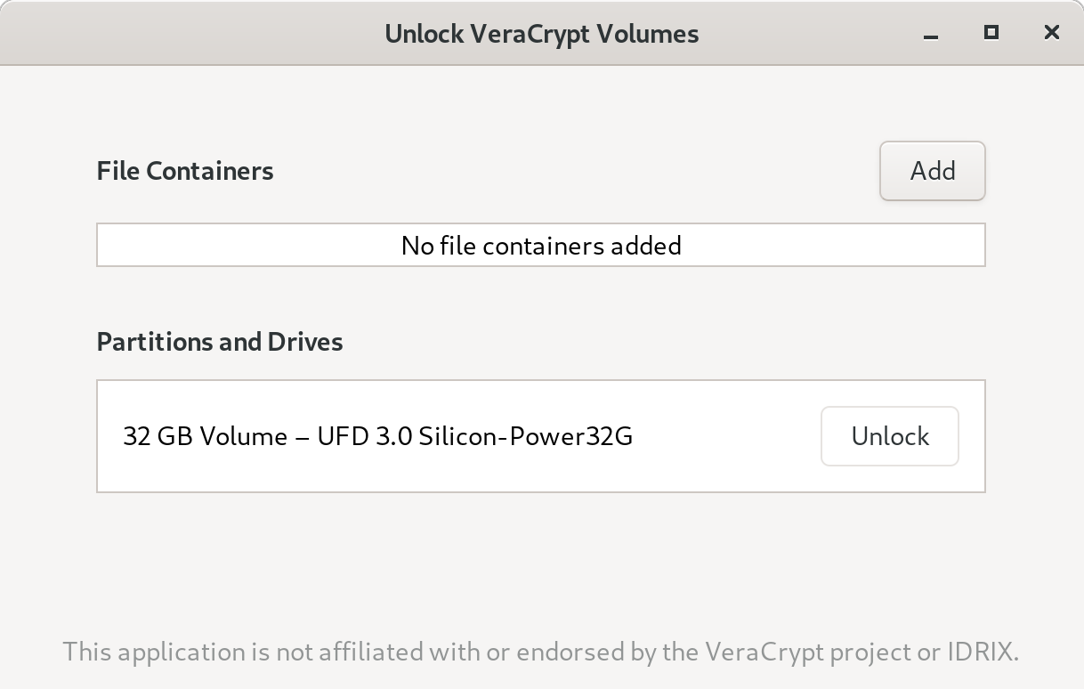 Dialog box called 'Unlock VeraCrypt Volumes'. It displays an 'Unlock' button next to a drive name.