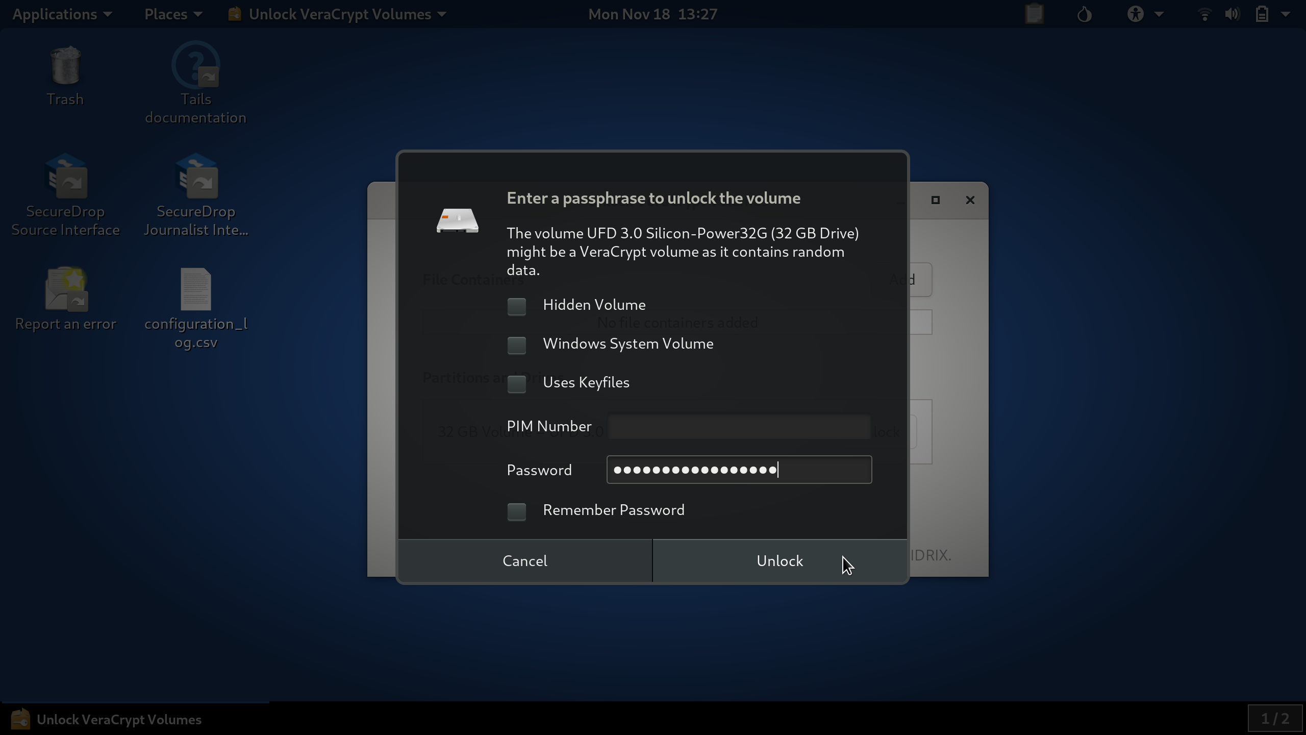 Dialog box asking for a passphrase to unlock a VeraCrypt volume. The 'Unlock VeraCrypt Volumes' dialog box can be seen underneath.