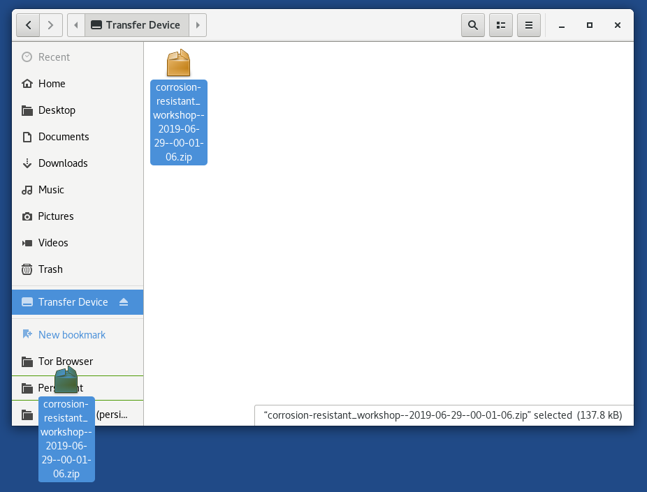 Files application displaying the content of the Transfer Device. A file is being dragged over a shortcut named 'Persistent' in the list of places on the left.