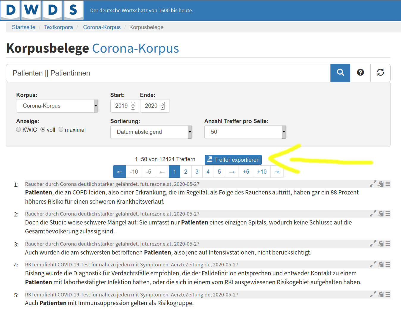 Trefferliste im DWDS-Portal