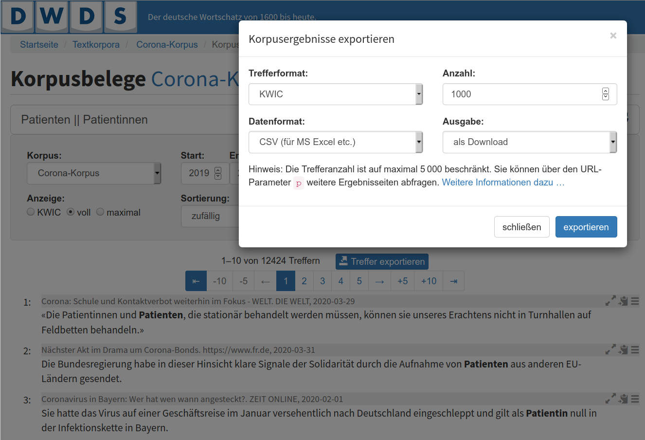 Kontextmenü „Treffer exportieren“