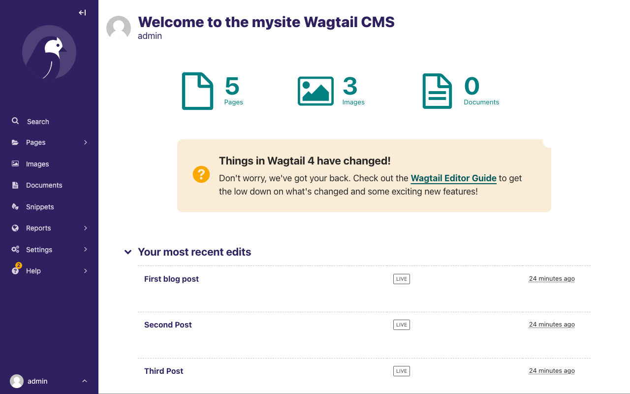 Screenshot of Wagtail’s dashboard, with "Welcome to the mysite Wagtail CMS" heading, 1 page, 0 images, 0 documents. Underneath is a "Your most recent edits" section, with the Home page listed