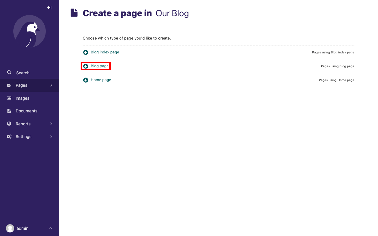 "Create a page in our blog" page type selector, with Blog page button highlighted in red