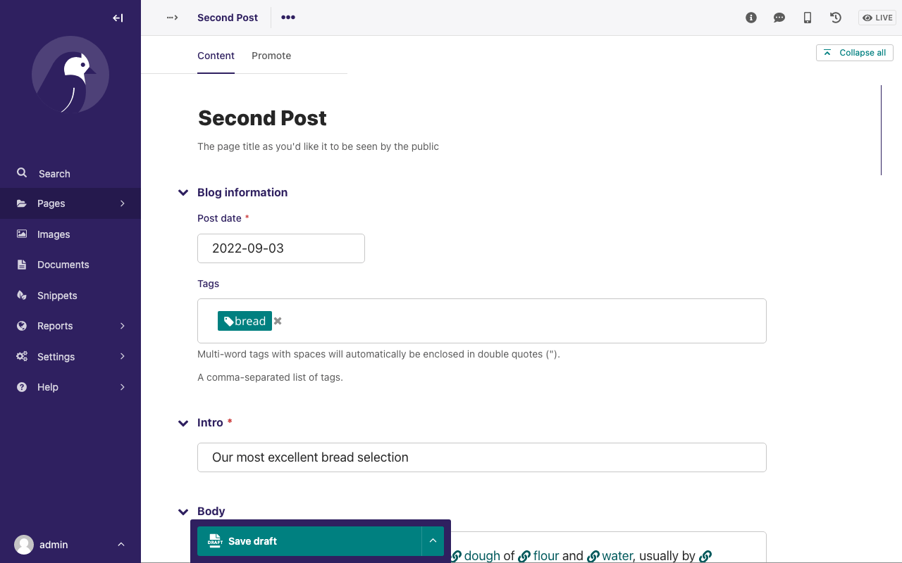 Screenshot of the "Second Post" page in the editor form, showing the Content tab