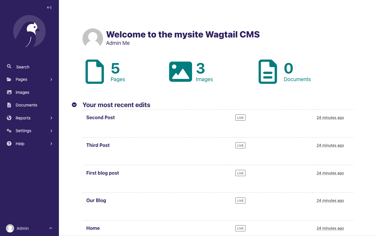 Screenshot of Wagtail’s dashboard, with "Welcome to the mysite Wagtail CMS" heading, 1 page, 0 images, 0 documents. Underneath is a "Your most recent edits" section, with the Home page listed