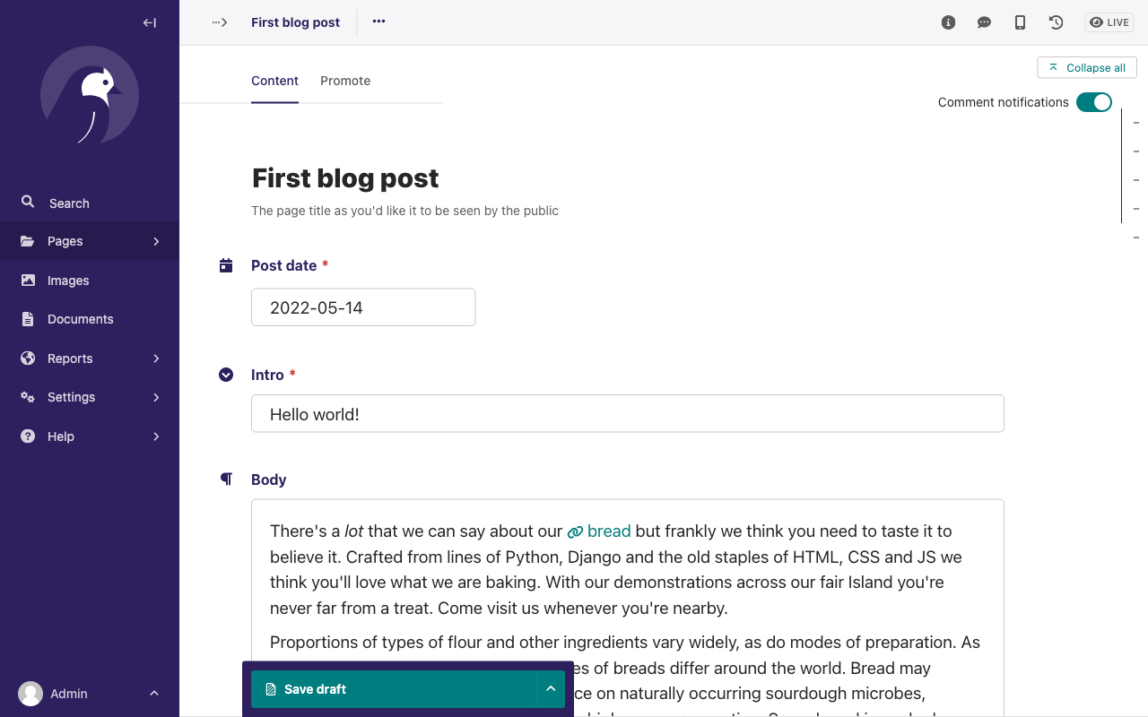 Page editor for "First blog post" page, with Post date, Intro, Body fields