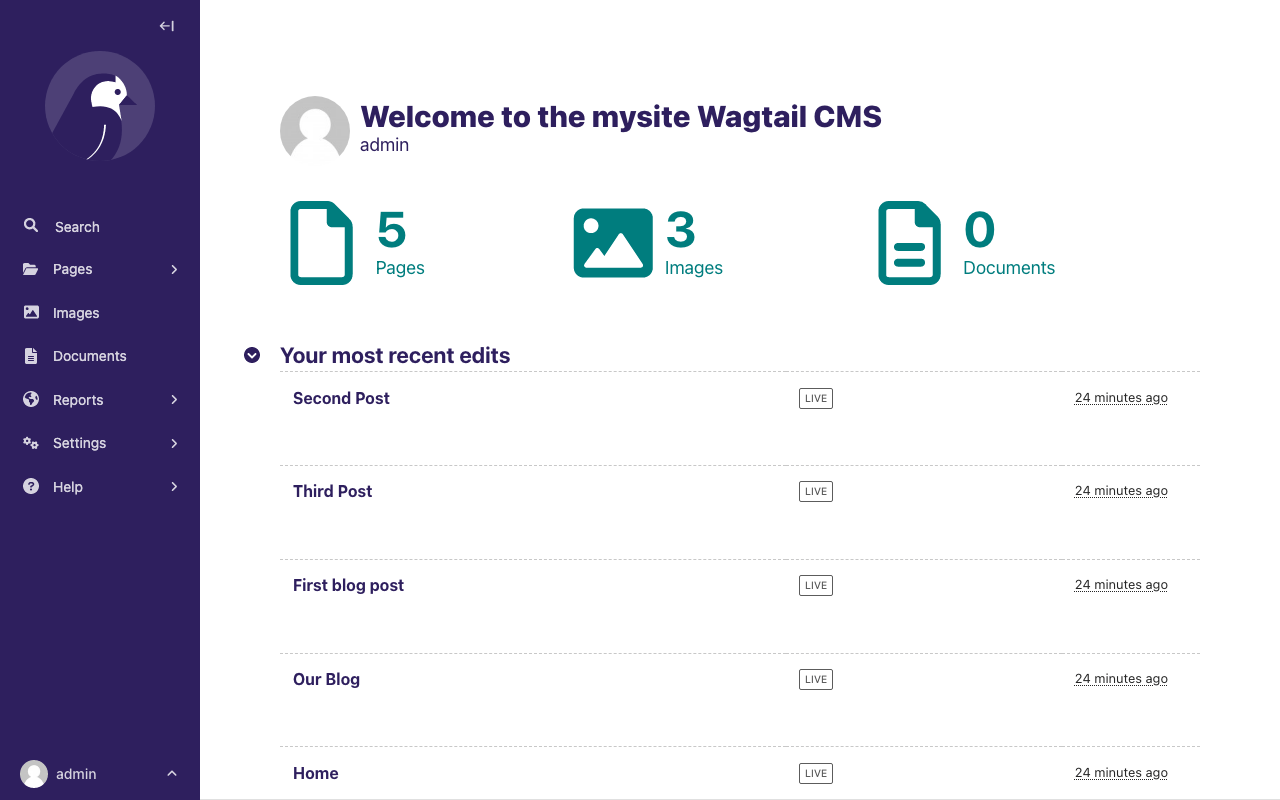 Screenshot of Wagtail’s dashboard, with "Welcome to the mysite Wagtail CMS" heading, 1 page, 0 images, 0 documents. Underneath is a "Your most recent edits" section, with the Home page listed