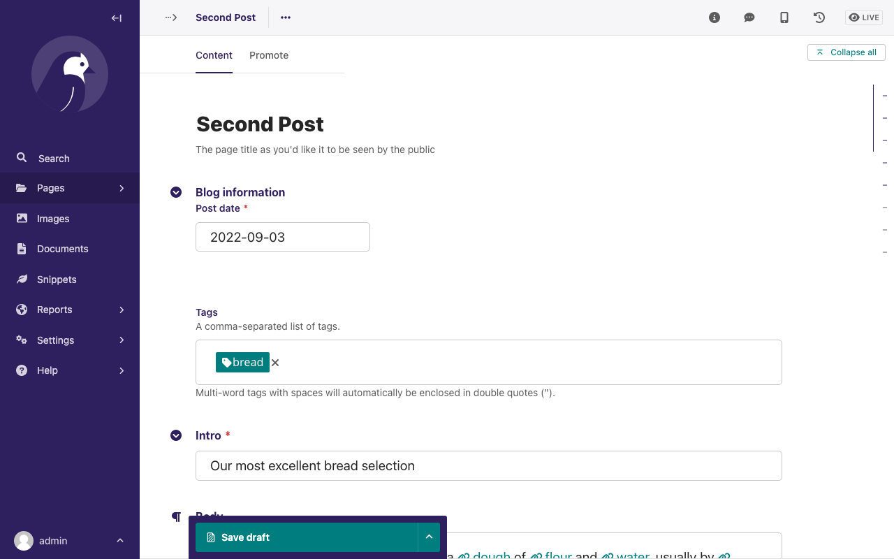 Screenshot of the "Second Post" page in the editor form, showing the Content tab