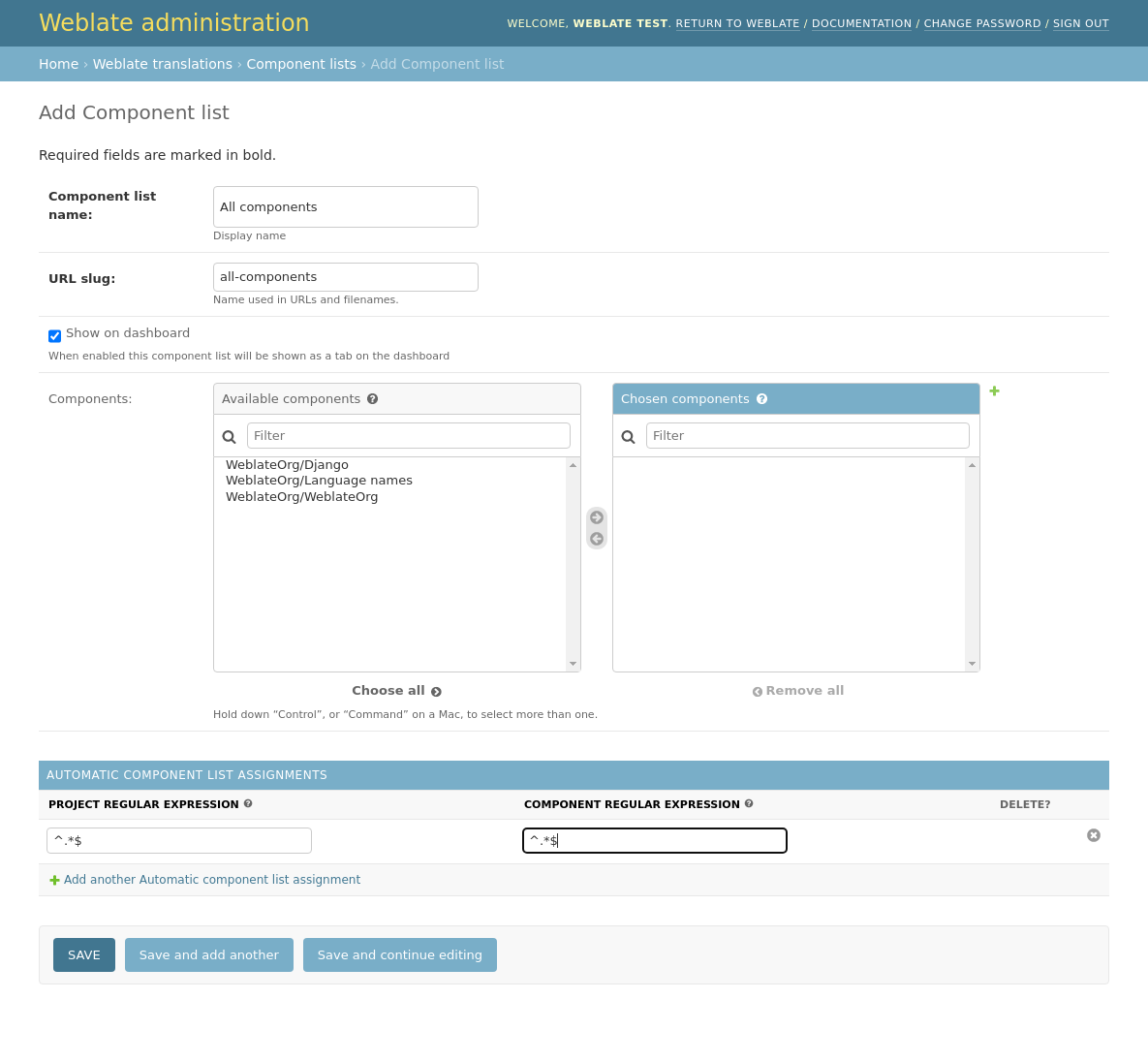 Image showing the Weblate administration panel with the above configuration filled in.