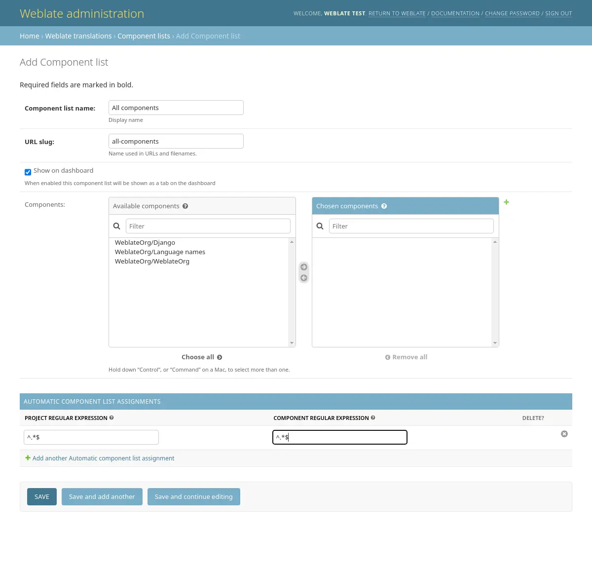 Image showing the Weblate administration panel with the above configuration filled in.